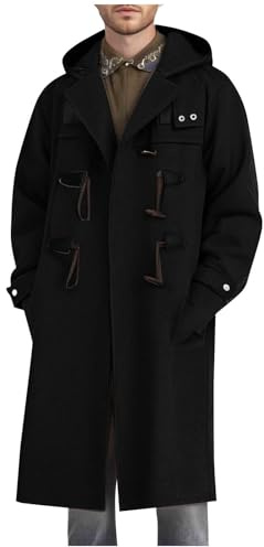 Mens Duffle Coats Smart Casual Wool Coat Winter Knee Length Trench Coat Heavyweight Toggle Overcoats Classic Fit Hooded Outwear Vintage Wool Blend Coats Daily Wear for Men
