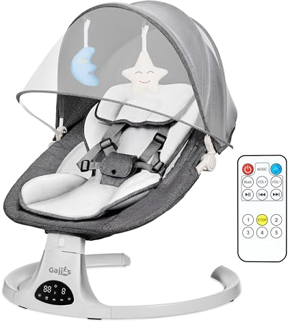 Baby Bouncer Swing Chair from Birth | 5-Speed Baby Swing with Remote Control, 3-Stage Timer, Soft Padded Seat & 2 Plush Toys | Newborn Infant Bouncer. (Grey)