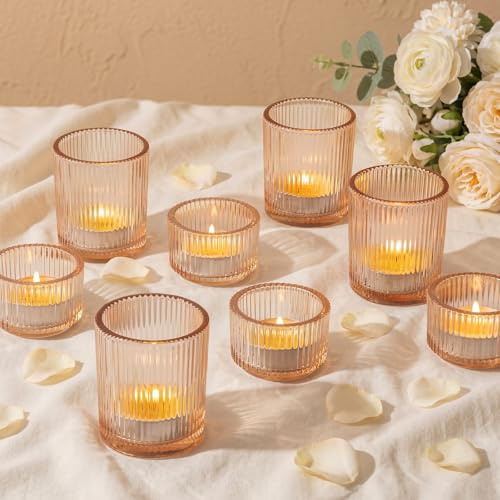 Glasseam Portacandeline in Vetro Dorato: Set da 8 Portacandeline Rigati per Centrotavola Piccoli Candelabro per Matrimoni Feste e Arredamento Domestico