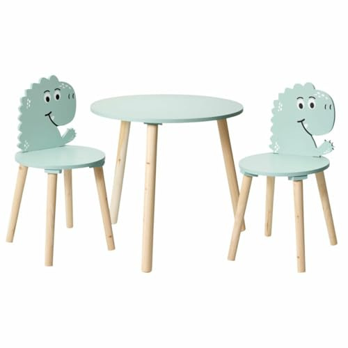 HowHomely Children's Furniture Set Children's Table Children's Chair Dino Motif Green Table 2 Chairs Children's Seating Set Play Table Set MDF Wood Stable