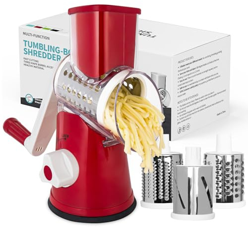 X Home Rallador giratorio de queso para cocina, mandolina, cortador de verduras, triturador de queso con base de succión de goma, 3 cuchillas de tambor de acero inoxidable incluidas, fácil de usar y