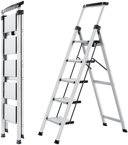 XinSunho 5 Step Ladder, Retractable Handgrip Folding Step Stool with Anti-Slip Wide Pedal, Aluminum Stool Ladders 5 Steps, 330lbs Safety Household Ladder