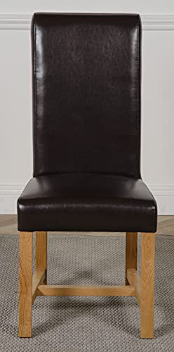 Oak Furniture King Washington Dining Chairs Set of 6 – Brown Leather Upholstered Kitchen Chairs with Cushion Back & Solid Oak Legs, Modern Dining Room Seating, Fully Assembled