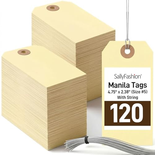 SallyFashion 120 PCS Manila Tags with Wire, 4 3/4 x 2 3/8 Heavyweight Shipping & Inventory Labels, Blank for Price, Gift, Retail, Crafts, Warehouse & Office