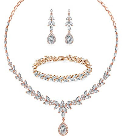 Zolkamery Parure Mariage Femme Plaquée Or Rose, Ensemble de Boucles d'oreilles Collier Bracelet Fleur avec Zircon Cubique 5A Blanc, Tiges Chaîne Pendentif Hypoallergénique, Robe de Mariée