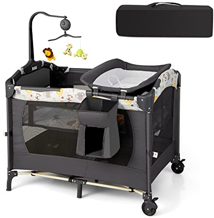 COSTWAY 4 en 1 Cuna de Viaje Plegable para Bebé con Colchón Cambiador, Parque Infantil Cuna Bebe con 3 Juguetes, Caja de Música y Bolsa de Transporte, Cuna Bebe con Colecho (Gris Oscuro)