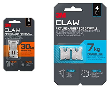 3M Claw Plasterboard Picture Hanging Wall Hooks for Hanging Home Décor & Claw Plasterboard Picture Hanging Wall Hooks for Hanging Home Décor, 4 Hangers, Holds up to 7 kg - Ideal for Heavyweight Items