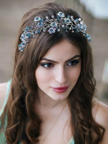 IYOU Braut Hochzeit Haar Rebe Blau Kristall Stirnband Blume Braut Brautjungfer Haarschmuck für Frauen