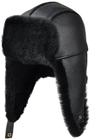 MGGMOKAY Unisex Lammfell Shearling Wintermütze,Aviatormütze,Russische Ushanka Trapper Winterfellmütze,Schwarz,S