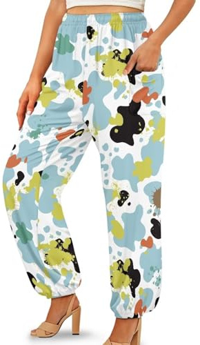Suobstales Cow Paint Splatter Print Harem Pants for Women Girls Ladies Casual Yoga Pants Sweatpants with Pockets Soft Tai Chi Pants Baggy Loose Bloomer Pants, Size M
