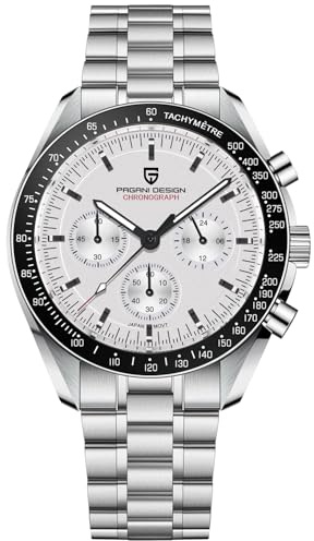 Pagani Design 1701 Herren Professionelle Chronograph Japan VK63 Quarzwerk Mond Armbanduhr Edelstahl 100M Wasserdicht Casual Analog Uhr Datum, Weiß-V5