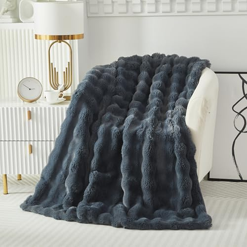 Casa Carina Fluffy Bubble Fleece Throw Blanket - Faux Fur Soft Warm Plush Cozy Blankets Thick 1000 GSM for Sofa-Large Bed Throws for Bedroom Couch Sofa Travel Kids Camping-Dark Grey 160x200cm