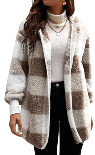 Ranphee Veste Femme Chic et Elegant Hiver Chaude Kaki Carreaux Polaire Oversize Sherpa Zippé Longue Manteau à Capuche