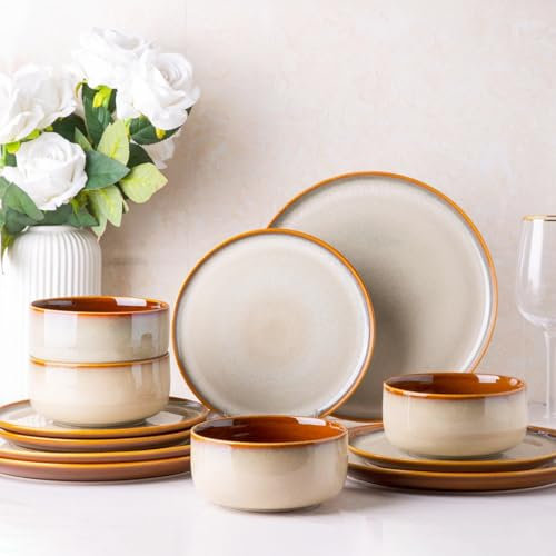 LeRatio Geschirrset für 4 Personen, Steingut Geschirr Set 12-tlg, Keramik Reaktive Glasur Kratzfestes- Schüssel- und Teller-Set, Spülmaschinen- und Mikrowellenfestes für Tafelservice, Cappuccino
