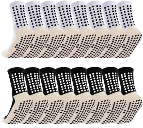 Ukontagood 8 Pairs Kids Grip Soccer Socks, Non Slip Socks for 6-12 Years Old Kids, Anti Slip Sock for Soccer Basketball (White+Black)