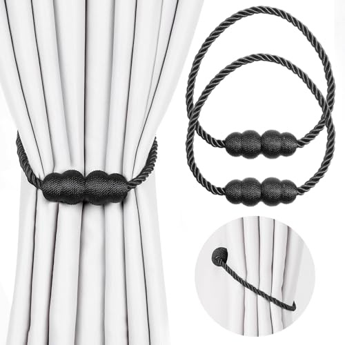 Romon Embrasses de Rideaux, 2 Pièces Attache Rideaux Magnétiques avec Aimant Attache Rideau Aimantée, Retenues de Draperie Embrasse Magnétique Corde de Rideau Clips pour Maison Chambre Bureau, Noir
