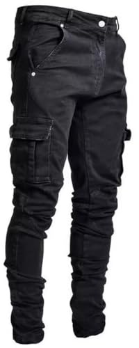 Cicilin Pantaloni da uomo casual jeans multitasche cargo da combattimento vestibilità regolare jeans da lavoro elasticizzati, Nero , M