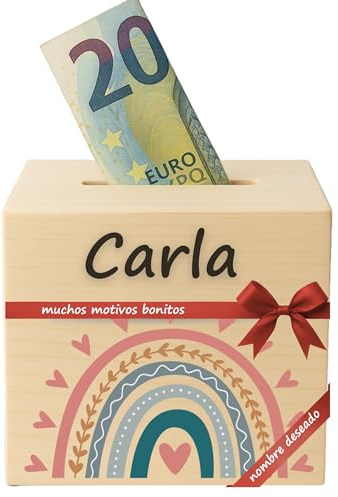 DEschenk Hucha Personalizada de Madera con Nombre Deseado - Huchas Originales para Niños con Muchos Motivos Diferentes (Arco Iris)
