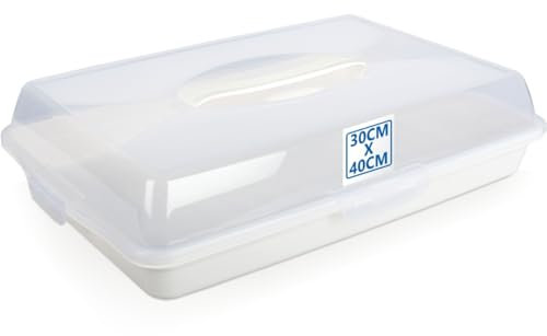 Stimo Kuchen Transportbox mit Tragegriff Deckel Kuchenbehälter Blechkuchen Container mit Klickverschluss (Weiß)