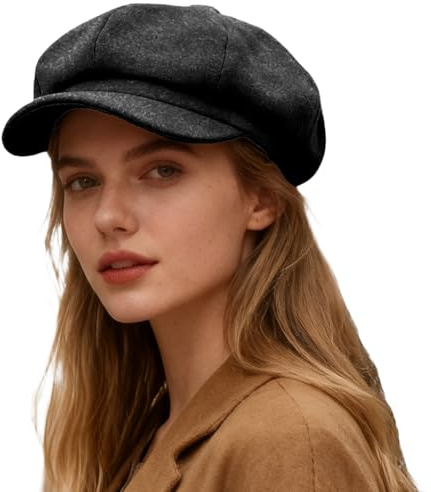 Women’s Newsboy Cap,Wool Retro Vintage Solid Color Denim Hat Flat Cap Visor Painter Beret Hat Dark Grey