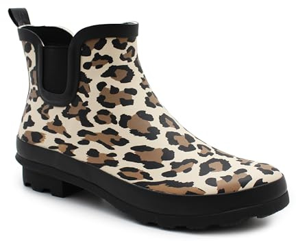 IMTY Womens Waterproof Ankle Boots Wellingtons Ladies Slip On Short Chelsea Rain Boots Festival Gardening Wellie Boots (Leopard, 6, UK Footwear Size System, Adult, Women, Numeric, Medium, 6)