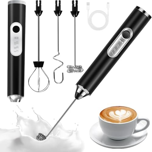 BARAKYEG Espumador de Leche Eléctrico de Mano,Espumadera leche,Milk Frother,3 velocidades ajustable espumadera de leche,3 Varillas Acero Inoxidable,Mini Batidora Portatil para Capuchino,Café,Té Matcha
