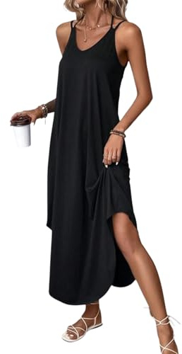 NobSuit Robe Maxi d'été pour Femme, sans Manches, Bretelles Spaghetti, col V, Fluide avec Fente latérale, Robe de Plage décontractée pour Quotidien & Vacances
