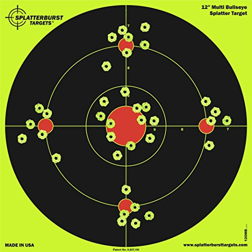 Splatterburst Targets - 12 inch Multi-Bullseye Splatter Target - Easily See Your Shots Burst Bright Fluorescent Yellow Upon Impact - Made in USA (25 Pack)