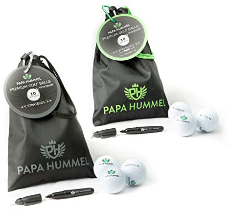 Papa Hummel – Premium Golfbälle, 2 Layer | 3 Layer, Mit reflektierender Beschichtung für besonders hohe Sichtbarkeit | Wiederverschließbarer Beutel mit Befestigung am Bag | 10 Strategos Golfbälle
