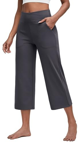 G4Free Wide Leg Capri Yoga Pants for Women UK Tummy Control High Waist Stretchy Cropped Trousers with Pockets Workout 22（Deep Grey-D016）