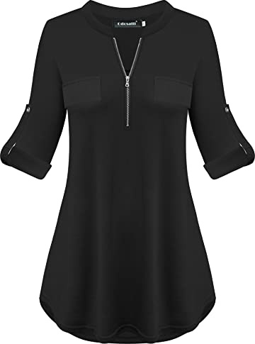 Odosalii Women's Plaid Tunic Blouse with Zip Up V Neck and Floral Print, Long/Short Sleeve Polo Top | Rolled Up Sleeve/Decorative Pockets/Comfy Soft Fabric/Smart Casual Outfit/Elegant A-Line Plain Shirt/Easy to Layer
