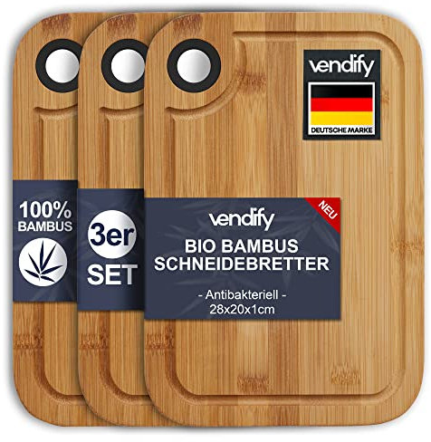 vendify® Frühstücksbrettchen aus Bambus Schneidebrett 3er-Set 28x20 cm - Küchenbretter Set Holz