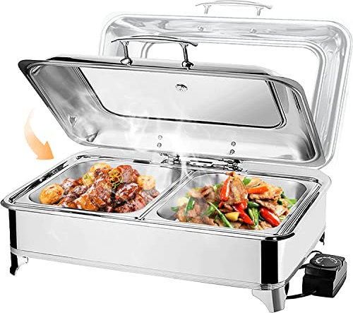 VFDZ 9L Chafing Dish Electrico de Acero Inoxidable, Calentador de Comida Comercial Temperatura Ajustable para Buffet, Calentador de Buffet con con Tapa Visible (1/2 Pan)