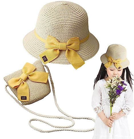 JPSDOWS Chapeau et sac de paille pour filles | sac de paille fille avec nœud,pare-soleil d'été respirant protection solaire ensemble chapeau de paille avec nœud sac pour enfants en plein air