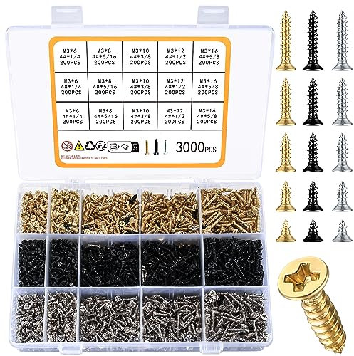 XhjzgcTech 3000 Stück M3 metrische kleine Kreuzschlitz-Flachkopfschrauben,Holzschrauben-Sortiment-Set, Kreuzkopf-selbstschneidende Schrauben,Senkkopf-Schrank-Elektronikschrauben–Silber/Gold/Schwarz