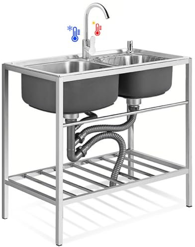 Évier utilitaire de cuisine autonome en acier inoxydable, Bac Acier 2 compartiments avec robinet chaud et froid, extérieur et intérieur, 82 cm x 45 cm x 85 cm