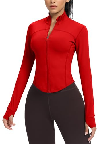 AVGO Women's Cropped Running Workout Jackets Zip Slim Fit Athletic Tops with Thumb Holes(Red, S)