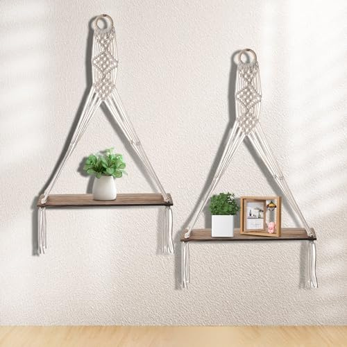 TOATELU 2 stycken vägghyllor i trä, makraméhylla, handvävd svävande hylla, boho makramé, väggdekor, vägghylla, trä, hängande hylla, tofs handvävda naturliga drivved hyllor för vardagsrum sovrum