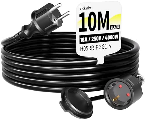 Vickwire Gummi Verlängerungskabel 10m außen Kabel Kabelverlängerungen mit Schutzkontakt Stecker Schuko Verlängerung 16A/250V, Schwarz, H05RR-F 3G1,5 mm²