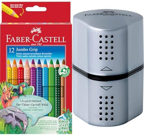 Faber-Castell Bundle 110912 - Jumbo Buntstifte Set Grip, 12-teilig, dreikant 183800 - Dosenspitzer Grip 2001, 3in1, Anspitzer mit Behälter für Blei- und Buntstifte