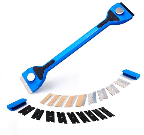 FOSHIO Raschietti in plastica, Manico lungo 9,5 pollici Raschietto, Raschietto per Doppia Testa con 20 Lame di Ricambio, raschietto in plastica per Pulizia Per Etichette, Adesivi, Vernice In Vetro