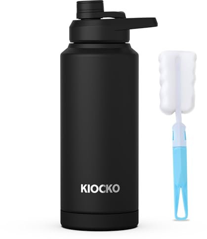Kiocko Gourde Bouteille Isotherme avec Couvercle à Sport - En Acier Inoxydable - 1l/800ml/600ml - Sans BPA - Anti-fuite - Pour Enfants,école, Sport, Cyclisme, Fitness, Garçons，Fille,Noir