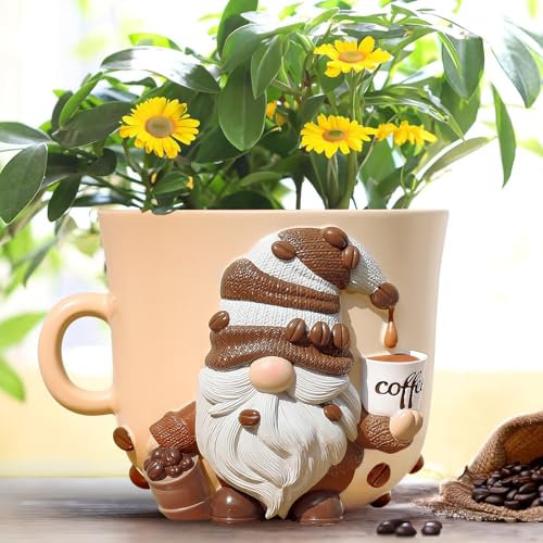 GUGUGO Macetas de gnomo para taza de café, bonitas macetas únicas para plantas de interior, macetas pequeñas divertidas con agujeros de drenaje, decoración ecléctica del hogar, divertida maceta de