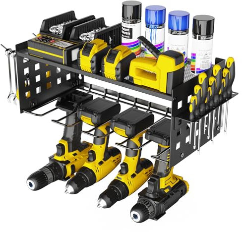 Yeabett Étagère de rangement à 2 couches pour outils électriques, étagère à outils pour 4 supports de perceuse, support mural robuste pour garage, maison, atelier (noir)