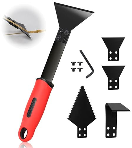 1 Caulk Remover Tool Set ​with 5-piece Blades - 8.7 Inch Industrial Floor Scraper Tool with Long-Handle, Replaceable Silicone Caulking Tool Kit for Glass Caulk, Adhesive, Sink Joint,Tiles, Walls
