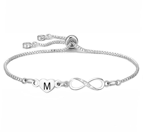 COEROW Alphabet Heart Bracelet infinity Pendant Silver Color Women Gift Initial Letters for Girls Birthday Christmas Anniversary Graduation Infinity Shiny Crystal Bracelets Gift (M)