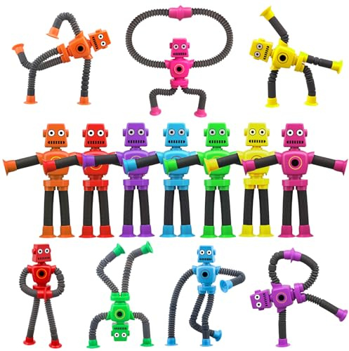 14PCS Transformable Fidget Spinner Robots - Suction Cup Pop Tube Sensory Toys, Basket Stocking Stuffer Set for Kids Toddlers, Funny Robot Action Figure Bendable Fidget Toy Gift Birthday Party Favors