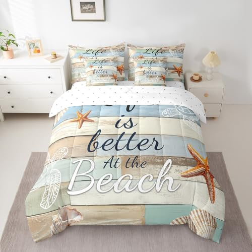 Erosebridal Beach Twin Bedding Set 7 Piece, Starfish Sea Turtle Bed in A Bag for Kids Teens Adult Rustic Farmhouse Comforter Set with Sheets Country Wooden Door Fences Bed Sets, Soft Microfiber
