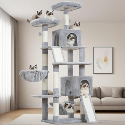 Gitelsnour rascador para Gatos de Interior, árbol para Gatos de 180 cm, con 2 rascadores, 7 Postes, Pompones, Hamaca, Gris Claro GCT032W