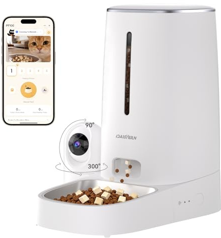 DAISTERN Distributore Automatico Cibo WiFi per Gatti e Cani con Telecamera HD 1080P, Dispenser Crocchette con Camera Rimovibile, Visione Notturna, Supporto 2,4G/5G, AI Funzione, Tuya App